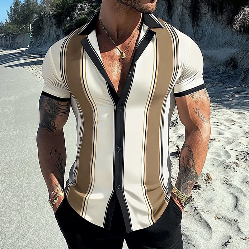 Men's Retro Casual Geometric Stripe Print Beach Lapel Short Sleeve Shirt MTA2485D9TO