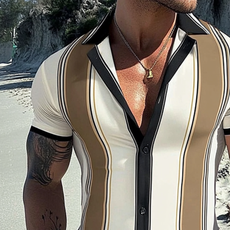 Men's Retro Casual Geometric Stripe Print Beach Lapel Short Sleeve Shirt MTA2485D9TO