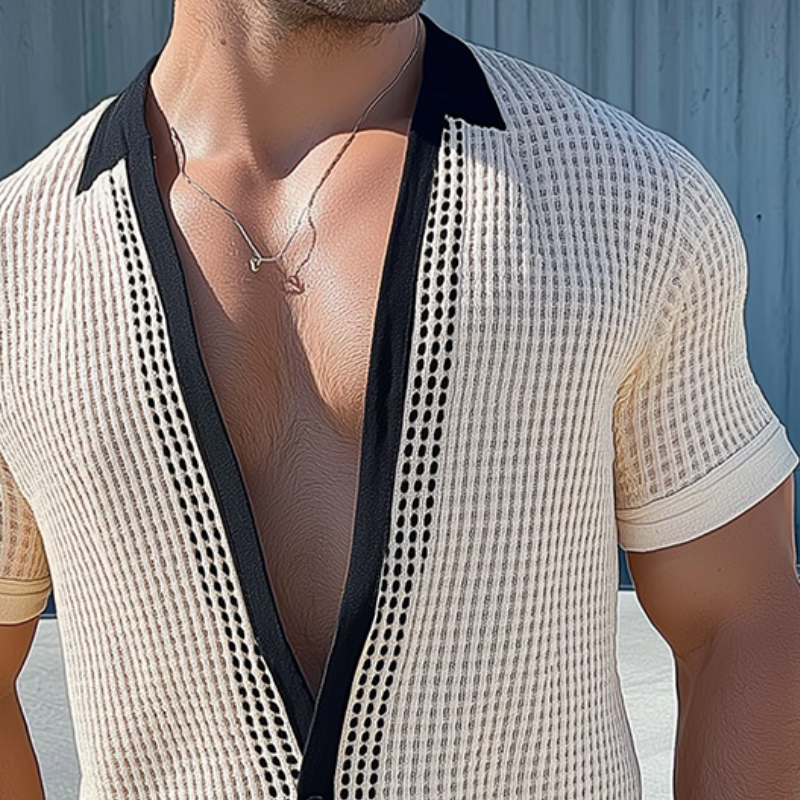 Men's Retro Casual Mesh Knit Collarless Short Sleeve Shirt MTA2431D2TO