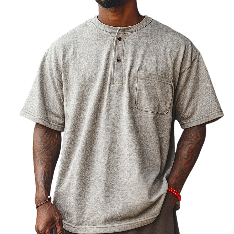 Men's Vintage Casual Henley Collar Pocket Short Sleeve T-Shirt MTA2427D2TO