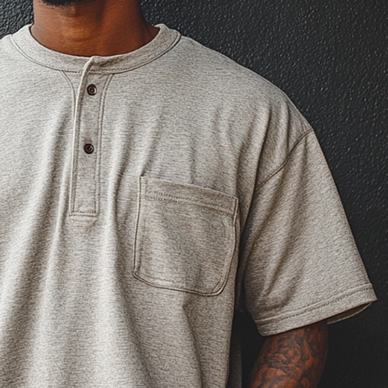 Men's Vintage Casual Henley Collar Pocket Short Sleeve T-Shirt MTA2427D2TO