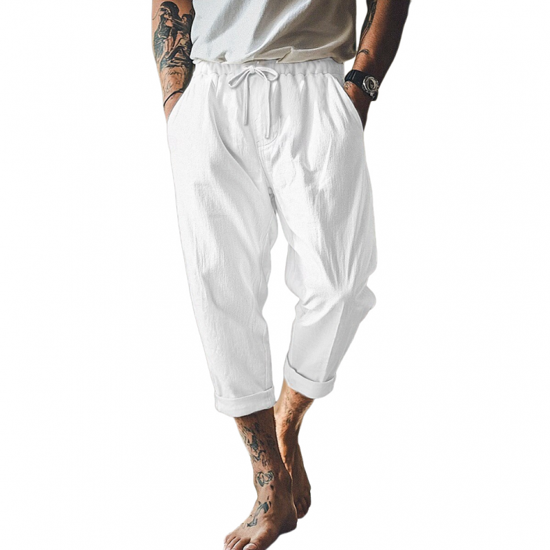 Men's Casual Breathable Cotton Linen Elastic Waist Loose Holiday Capri Pants MTA2346D4M