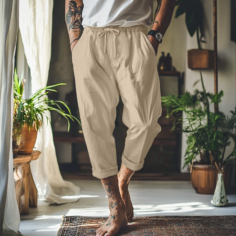 Men's Casual Breathable Cotton Linen Elastic Waist Loose Holiday Capri Pants MTA2346D4M