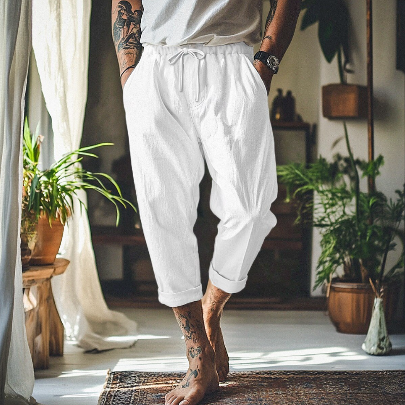 Men's Casual Breathable Cotton Linen Elastic Waist Loose Holiday Capri Pants MTA2346D4M
