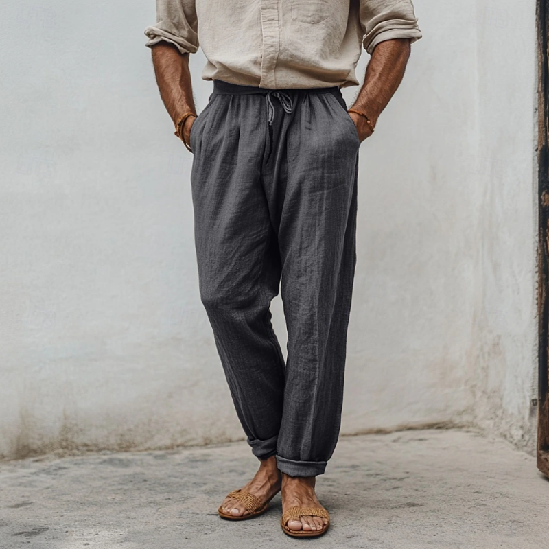 Men's Casual Breathable Cotton Linen Elastic Waist Loose Holiday Tapered Pants MTA2314D2M