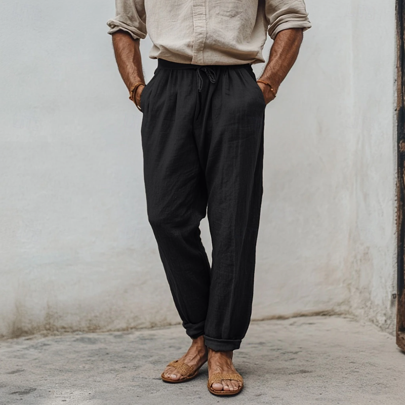 Men's Casual Breathable Cotton Linen Elastic Waist Loose Holiday Tapered Pants MTA2314D2M