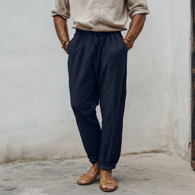 Men's Casual Breathable Cotton Linen Elastic Waist Loose Holiday Tapered Pants MTA2314D2M