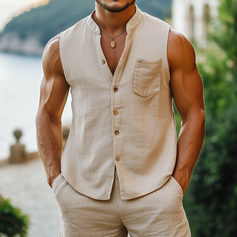 Men's Summer Fashion Casual Vacation Style Hemp Stand Collar Sleeveless Shirt MTA2497D1K