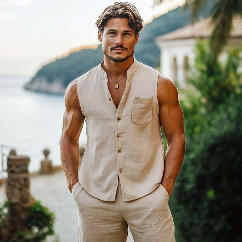 Men's Summer Fashion Casual Vacation Style Hemp Stand Collar Sleeveless Shirt MTA2497D1K