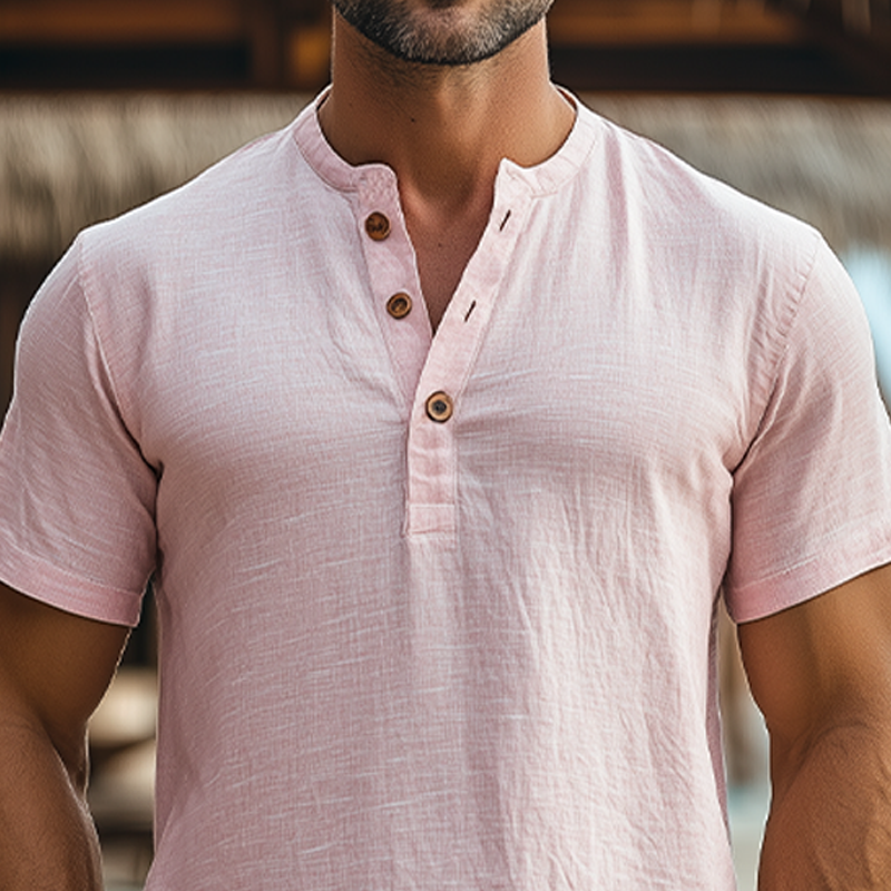 Men's Summer Fashion Casual Vacation Style Breathable Hemp Henley Collar Short-sleeved T-shirt MTA2428D1K