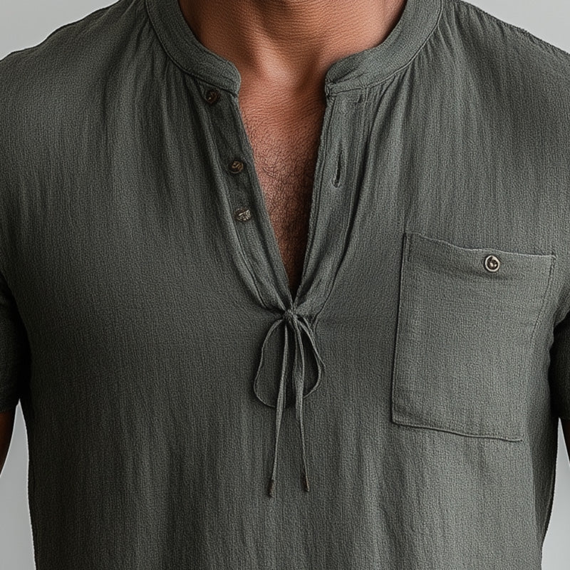 Men's Summer Linen Blend Short Sleeve Lace-Up Henley Shirt MTA2406D0P