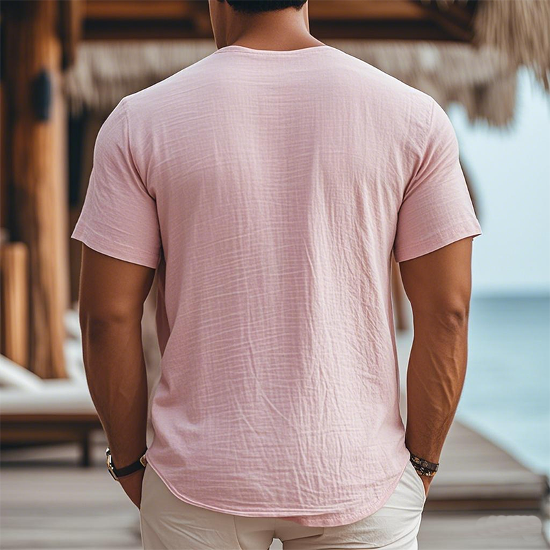 Men's Summer Fashion Casual Vacation Style Breathable Hemp Henley Collar Short-sleeved T-shirt MTA2428D1K