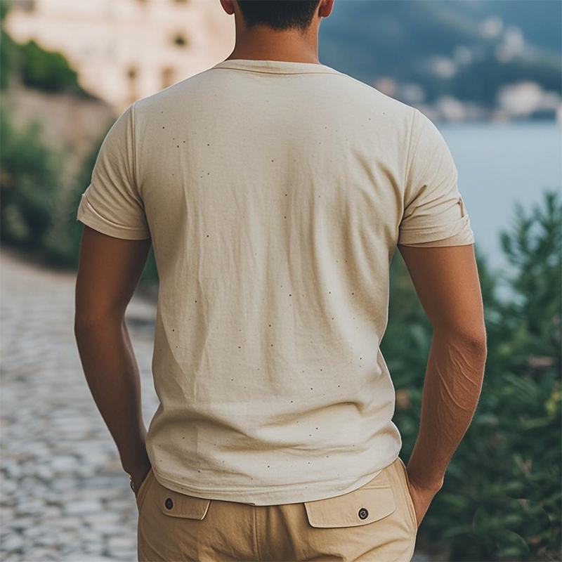 Men's Summer Fashion Classic Casual Hemp Henley Collar Short Sleeve T-Shirt MTA2415D0K
