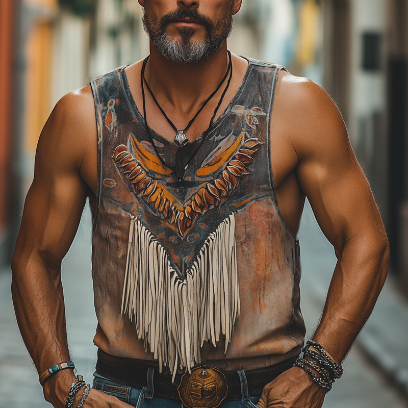 Men's Retro Oil Painting Printed Tassel Stitching Tank Top MTA2566D4U