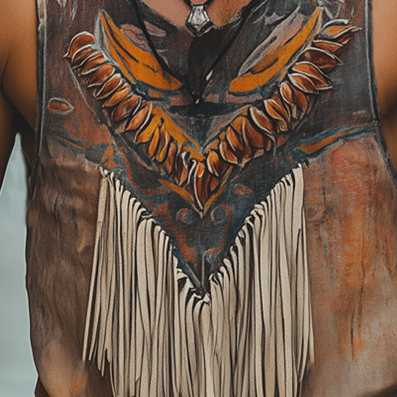 Men's Retro Oil Painting Printed Tassel Stitching Tank Top MTA2566D4U