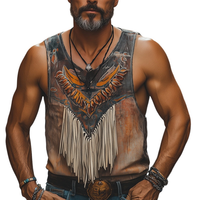 Men's Retro Oil Painting Printed Tassel Stitching Tank Top MTA2566D4U