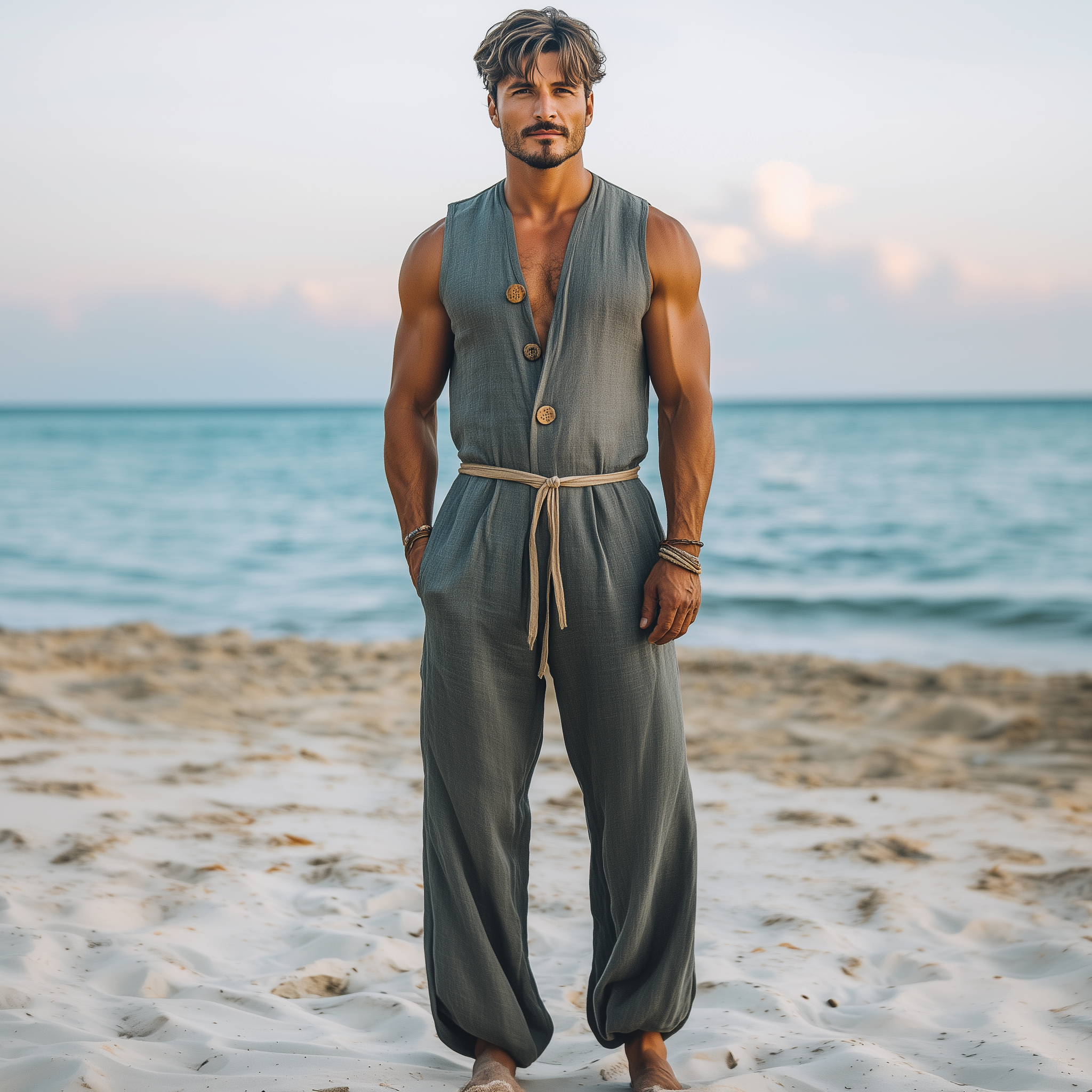 Men's Summer Fashion Hawaiian Vacation Style Cotton and Linen Deep V-Neck Wooden Buckle Elastic Leg Jumpsuit (Without Belt) MTA2556D5K