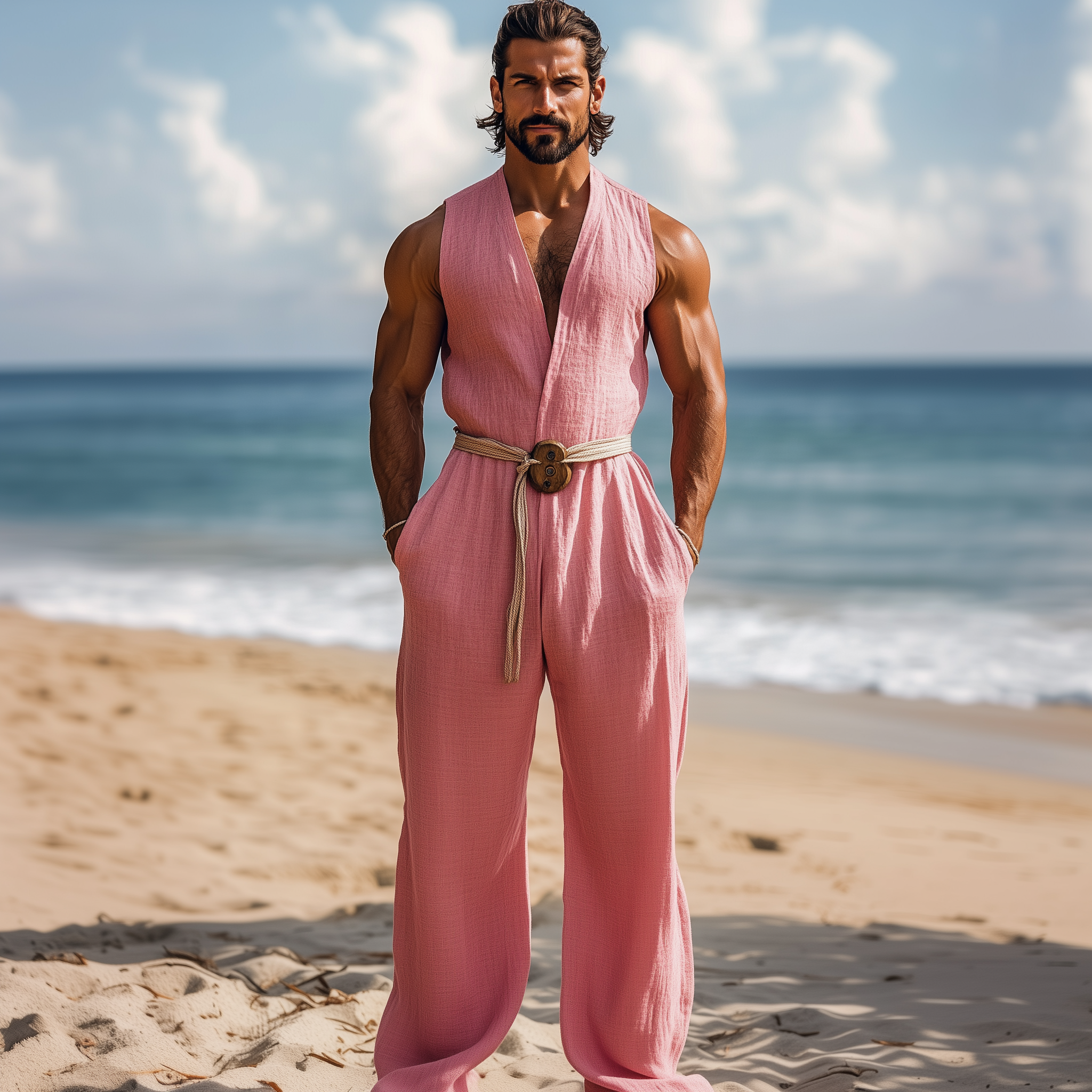 Men's Summer Fashion Hawaiian Vacation Style Cotton and Linen Deep V-Neck Jumpsuit (Without Belt) MTA2553D2K