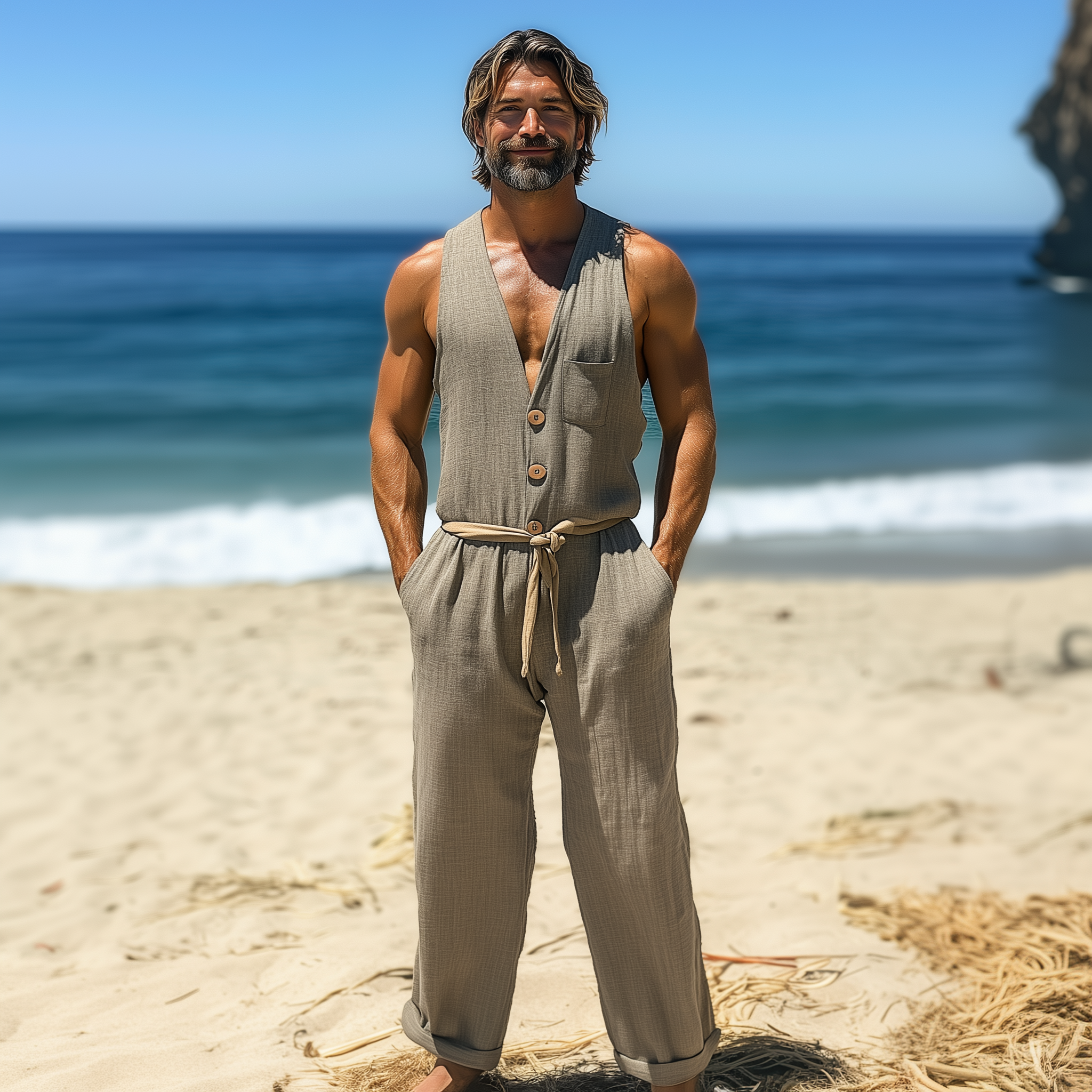 Men's Summer Fashion Casual Hawaiian Vacation Style Cotton and Linen Pocket Jumpsuit (Without Belt) MTA2523D3K