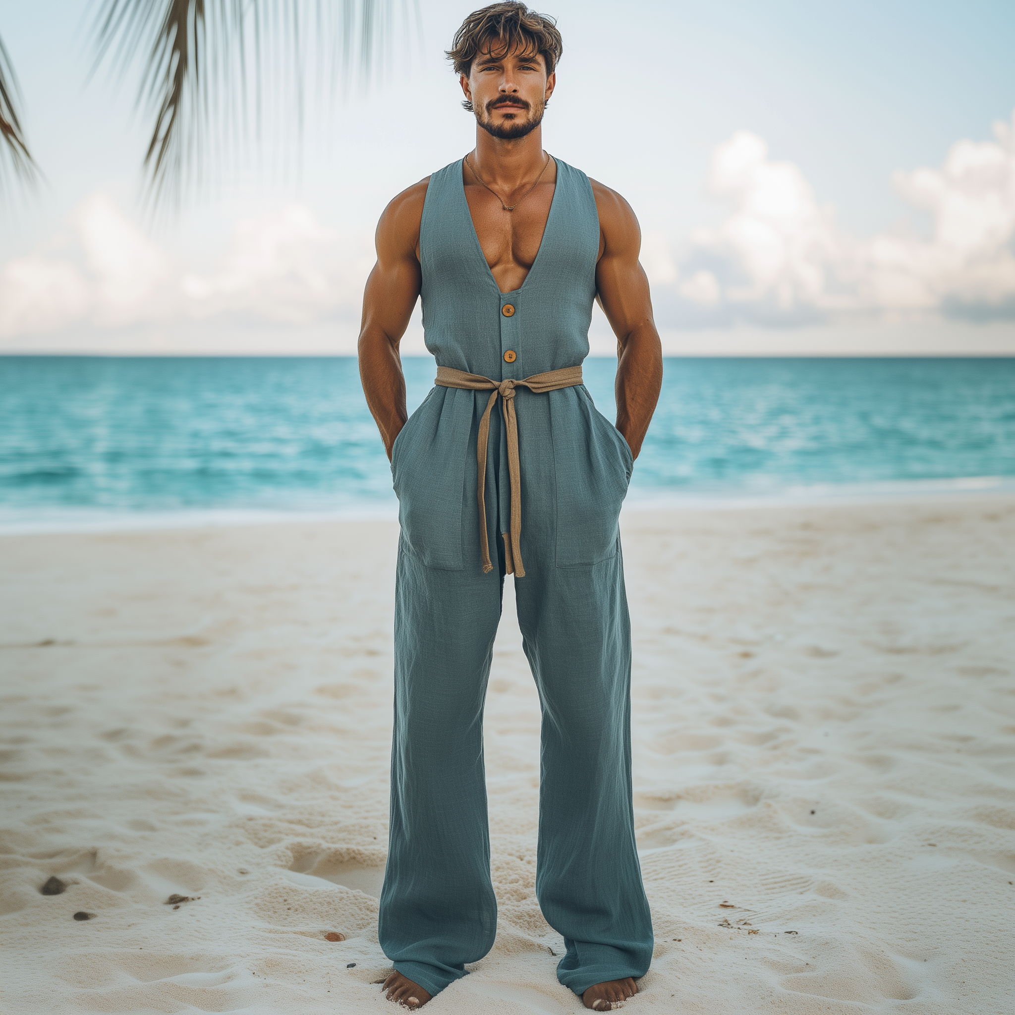 Men's Summer Fashion Hawaiian Vacation Style Cotton and Linen Wood Button Deep V Neck Jumpsuit (Without Belt) MTA2578D8K