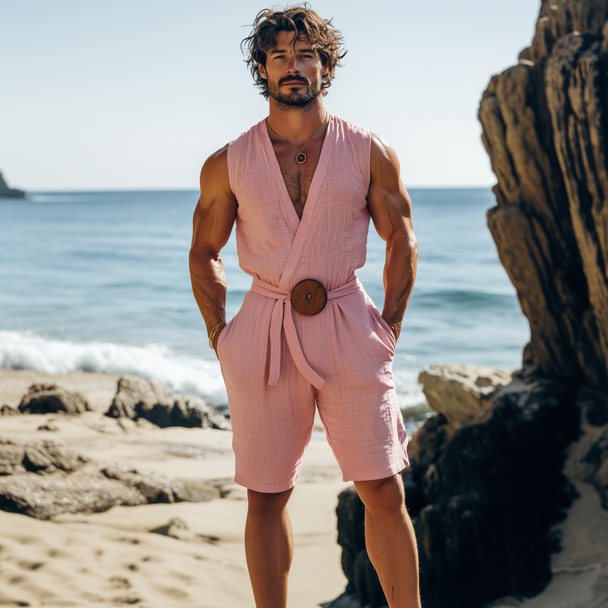 Men's Summer Fashion Hawaiian Holiday Style Cotton and Linen Deep V-neck Jumpsuit (Including Fabric Belt) MTA2502D1K
