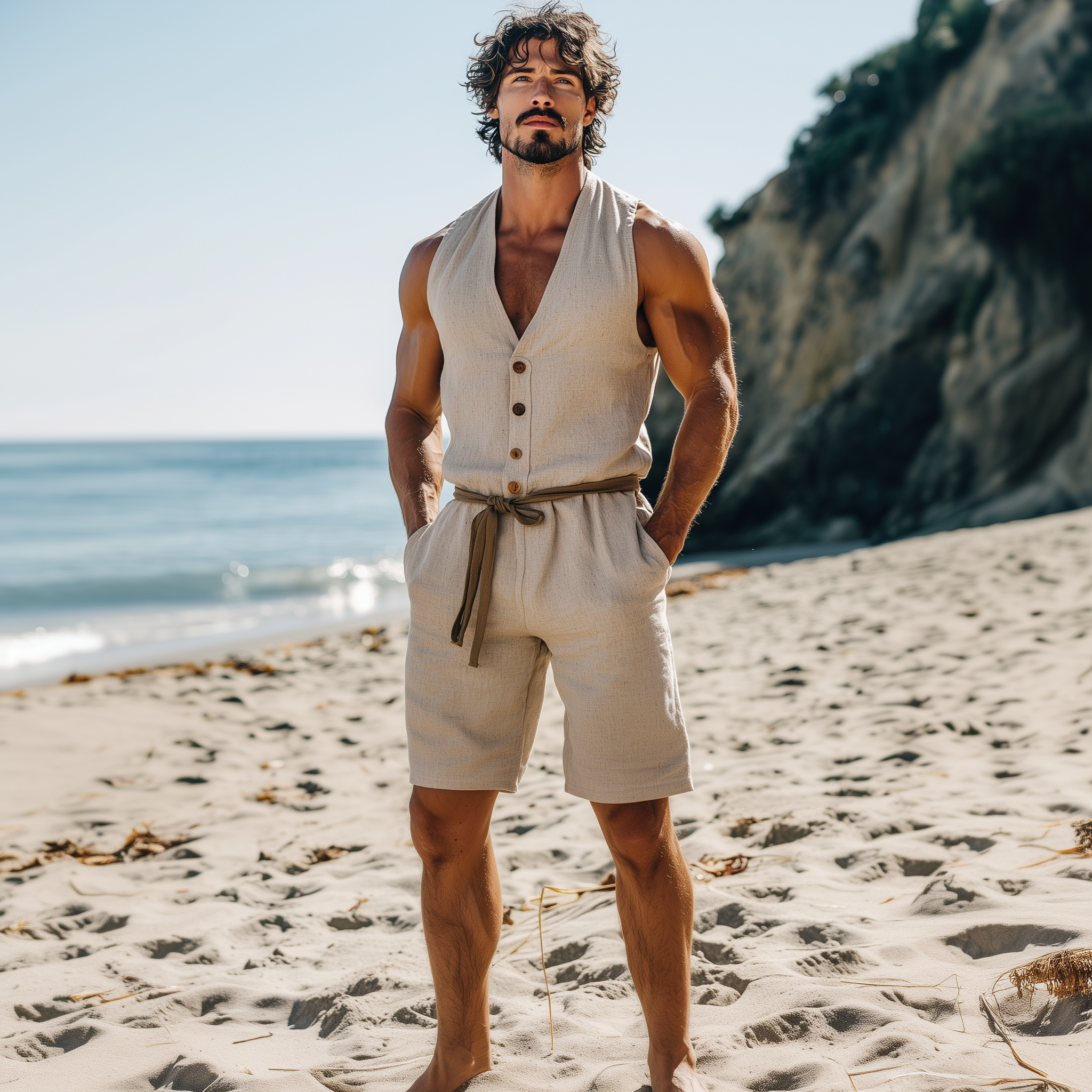 Men's Summer Fashion Casual Hawaiian Holiday Style Cotton and linen Wooden Button Jumpsuit(Without belt) MTA2501D7K