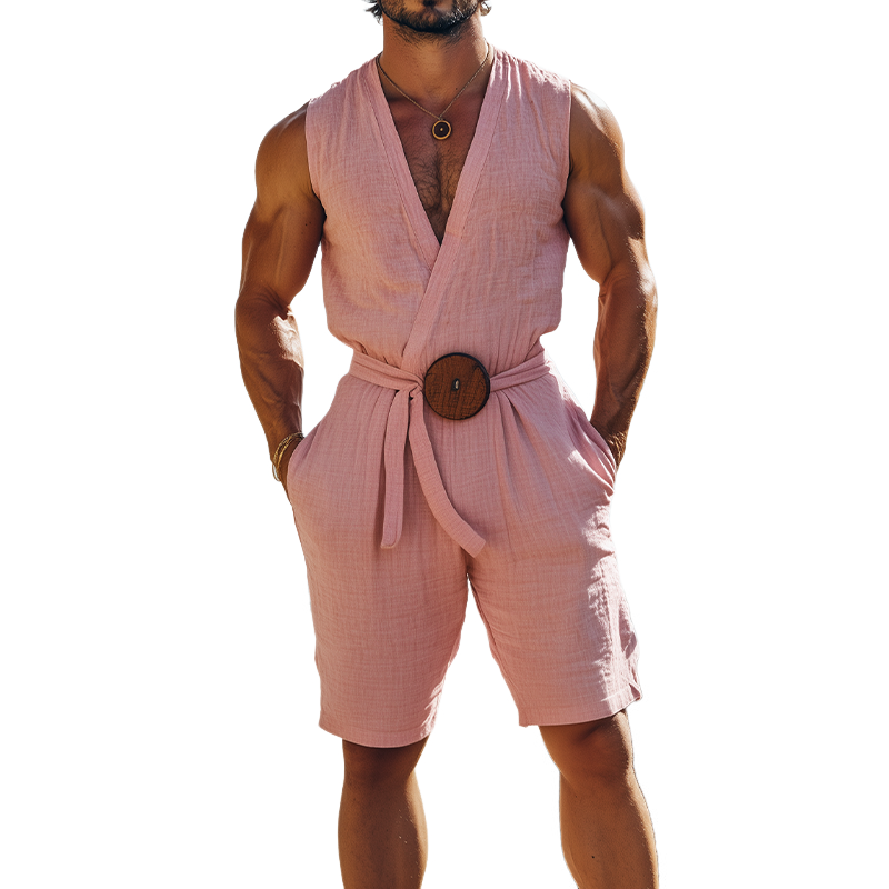 Men's Summer Fashion Hawaiian Holiday Style Cotton and Linen Deep V-neck Jumpsuit (Including Fabric Belt) MTA2502D1K