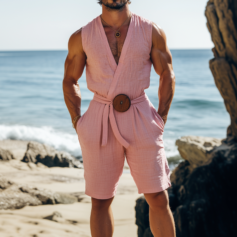 Men's Summer Fashion Hawaiian Holiday Style Cotton and Linen Deep V-neck Jumpsuit (Including Fabric Belt) MTA2502D1K