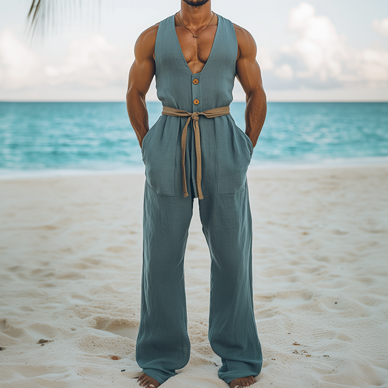 Men's Summer Fashion Hawaiian Vacation Style Cotton and Linen Wood Button Deep V Neck Jumpsuit (Without Belt) MTA2578D8K