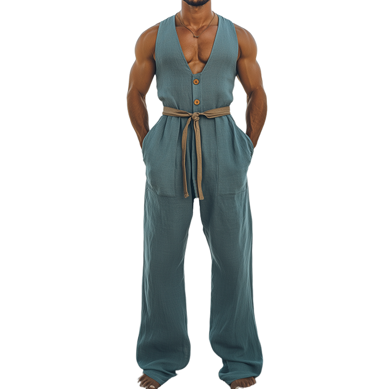 Men's Summer Fashion Hawaiian Vacation Style Cotton and Linen Wood Button Deep V Neck Jumpsuit (Without Belt) MTA2578D8K