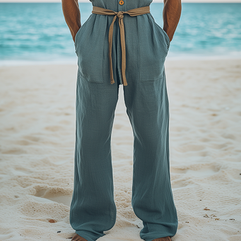 Men's Summer Fashion Hawaiian Vacation Style Cotton and Linen Wood Button Deep V Neck Jumpsuit (Without Belt) MTA2578D8K