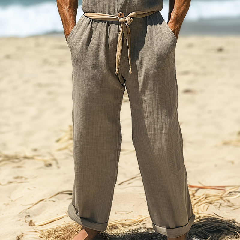 Men's Summer Fashion Casual Hawaiian Vacation Style Cotton and Linen Pocket Jumpsuit (Without Belt) MTA2523D3K