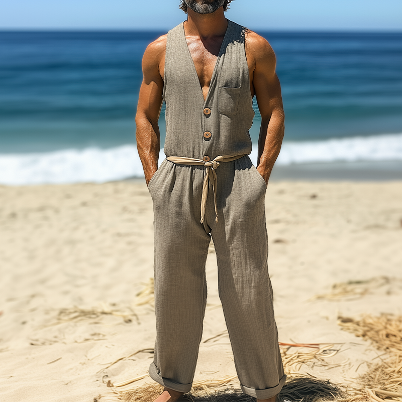 Men's Summer Fashion Casual Hawaiian Vacation Style Cotton and Linen Pocket Jumpsuit (Without Belt) MTA2523D3K