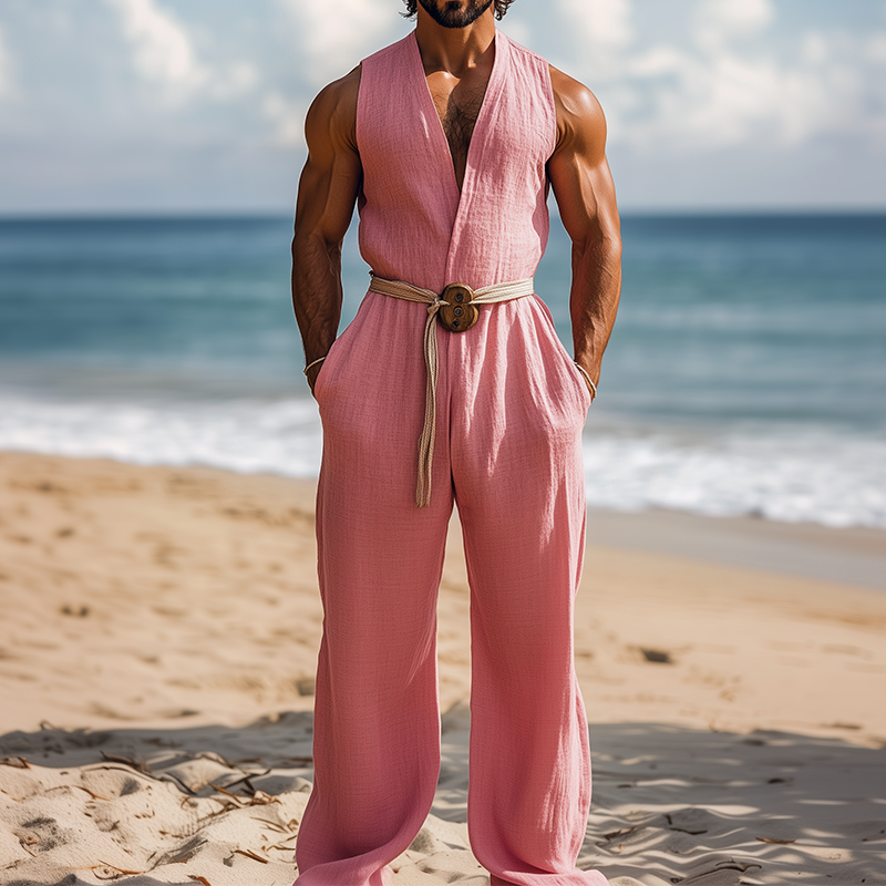 Men's Summer Fashion Hawaiian Vacation Style Cotton and Linen Deep V-Neck Jumpsuit (Without Belt) MTA2553D2K