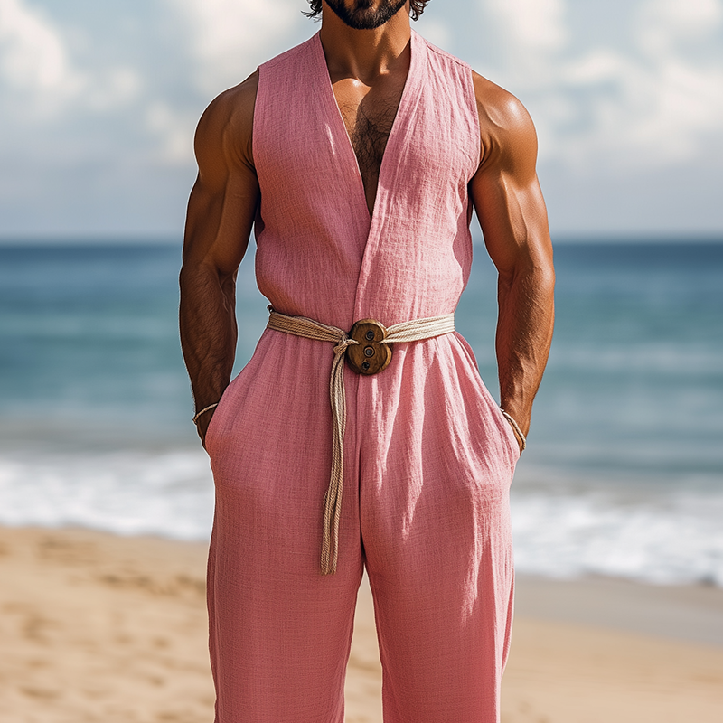 Men's Summer Fashion Hawaiian Vacation Style Cotton and Linen Deep V-Neck Jumpsuit (Without Belt) MTA2553D2K