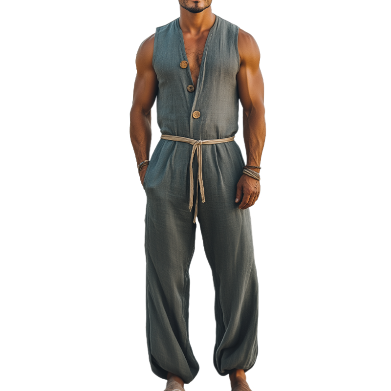 Men's Summer Fashion Hawaiian Vacation Style Cotton and Linen Deep V-Neck Wooden Buckle Elastic Leg Jumpsuit (Without Belt) MTA2556D5K