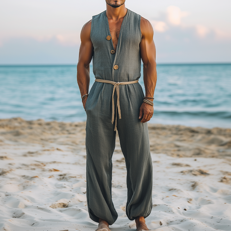 Men's Summer Fashion Hawaiian Vacation Style Cotton and Linen Deep V-Neck Wooden Buckle Elastic Leg Jumpsuit (Without Belt) MTA2556D5K