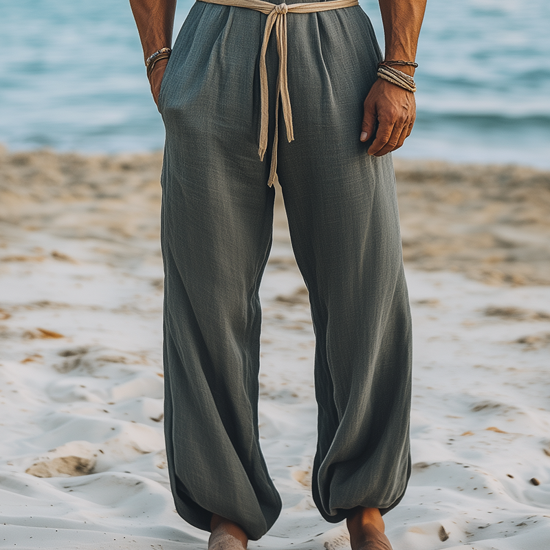 Men's Summer Fashion Hawaiian Vacation Style Cotton and Linen Deep V-Neck Wooden Buckle Elastic Leg Jumpsuit (Without Belt) MTA2556D5K