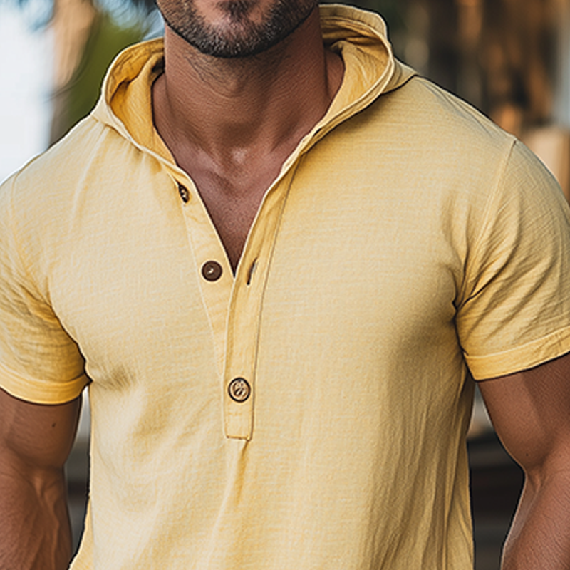 Men's Summer Fashion Casual Hawaiian Holiday Style Ramie Slim Hooded Short Sleeve T-Shirt MTA2589D4K