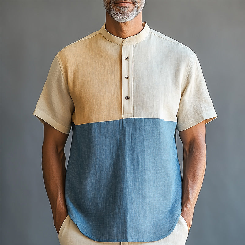 Men's Summer Fashion Morandi Splicing Linen Blended Short Sleeve Shirt MTA2534D8P
