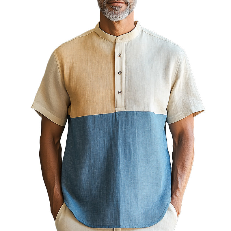 Men's Summer Fashion Morandi Splicing Linen Blended Short Sleeve Shirt MTA2534D8P