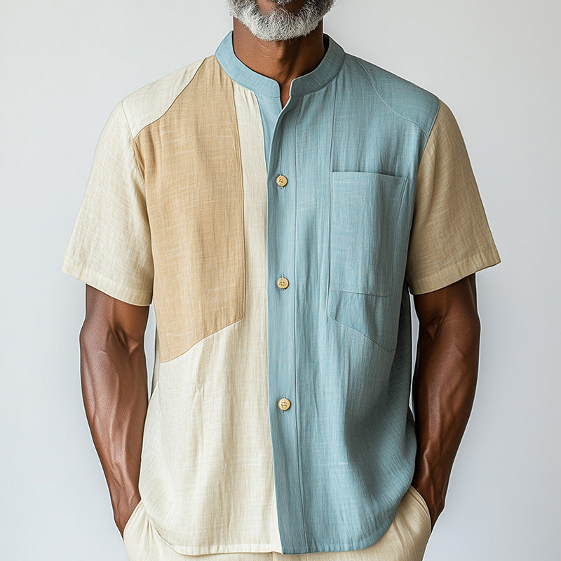 Men's Summer Fashion Colorblock Linen Blended Short Sleeve Shirt MTA2557D6P