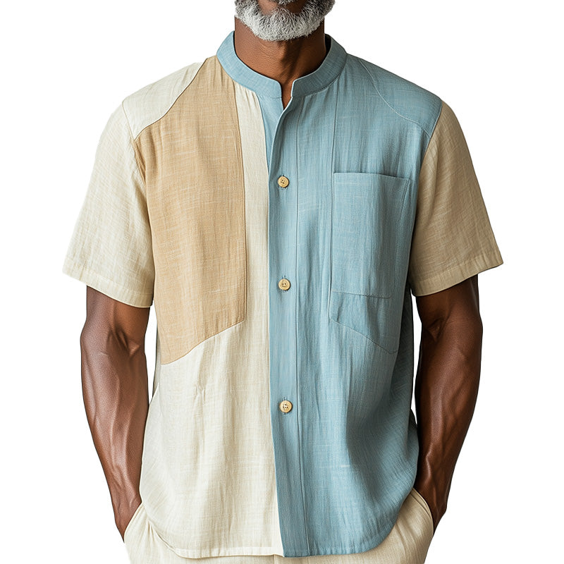 Men's Summer Fashion Colorblock Linen Blended Short Sleeve Shirt MTA2557D6P