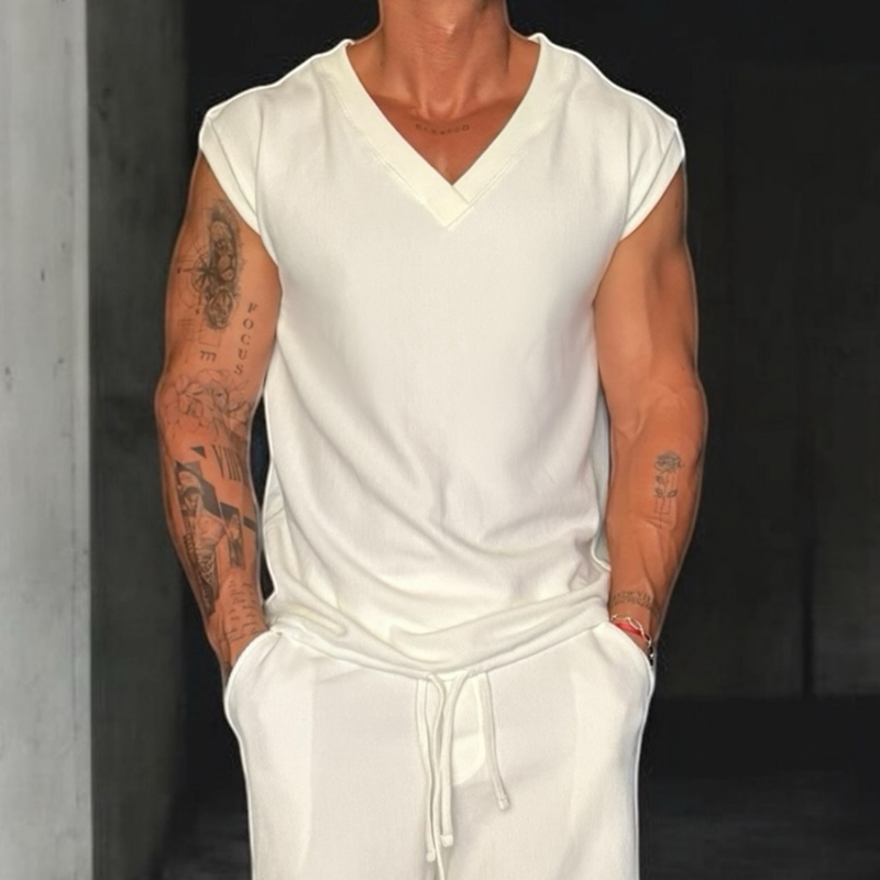 Men's Casual High Quality Breathable Cotton V-Neck Loose Tank Top MTA2463D0M