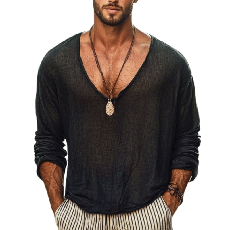 Men's Casual Breathable Cotton Linen U-Neck Loose Long Sleeve T-Shirt MTA2483D7M
