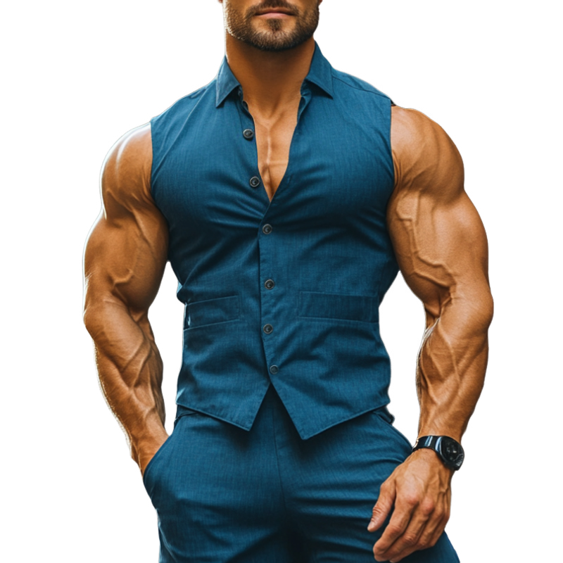 Men's Casual Breathable Cotton Linen Lapel Slim Fit Sleeveless Shirt MTA2575D9M
