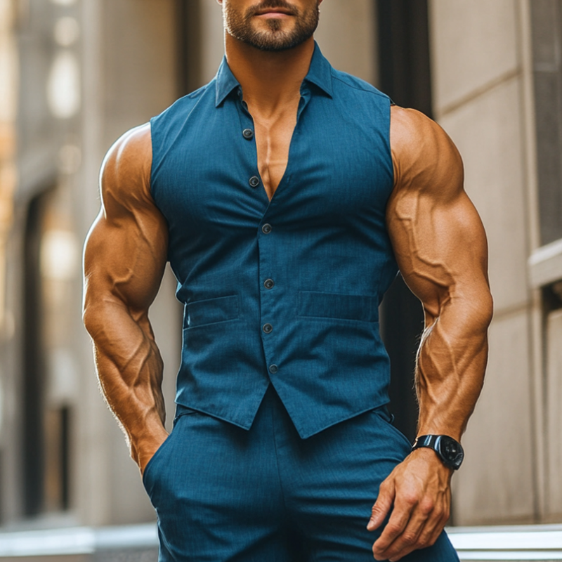 Men's Casual Breathable Cotton Linen Lapel Slim Fit Sleeveless Shirt MTA2575D9M