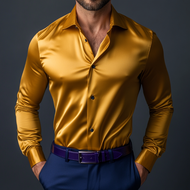 Men's Vintage Satin Lapel Single Breasted Slim Fit Long Sleeve Shirt MTA2591D7M