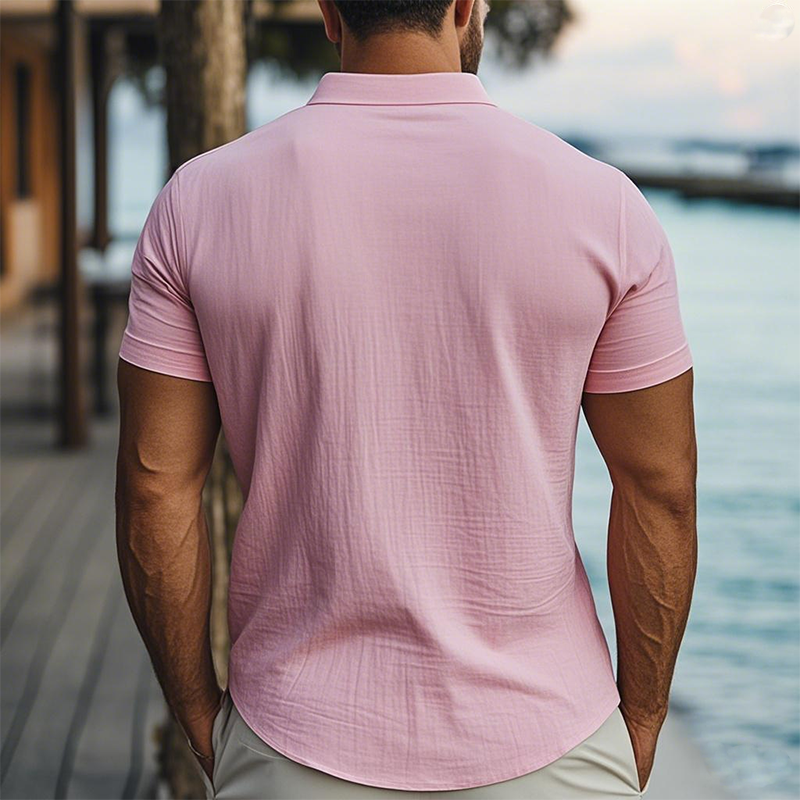 Men's Summer Fashion Casual Hawaiian Vacation Style Ramie Henley Collar Short Sleeve T-Shirt MTA2570D3K