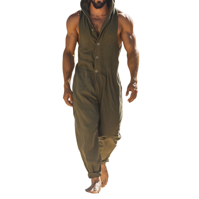 Men's Casual Breathable Cotton Linen Hooded Single-Breasted Sleeveless Loose Jumpsuit MTA2515D5M